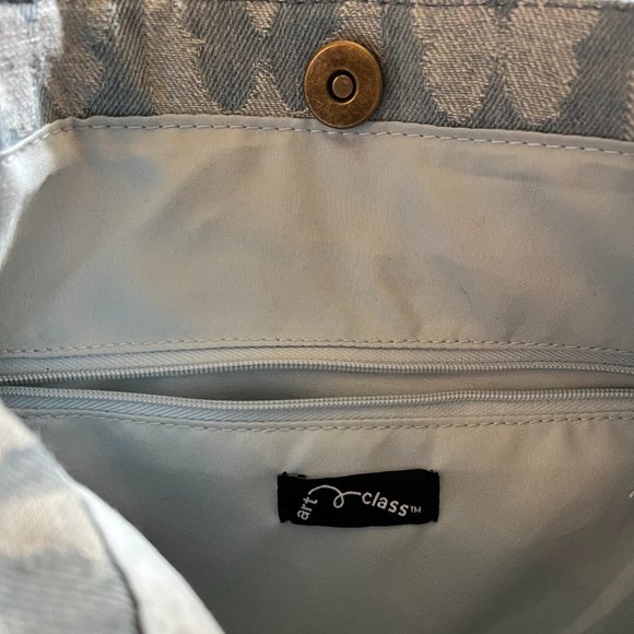 Denim Butterfly Tote Bag, Alternating Patchwork Squares, Zipper Pockets, EUC - Picture 6 of 7